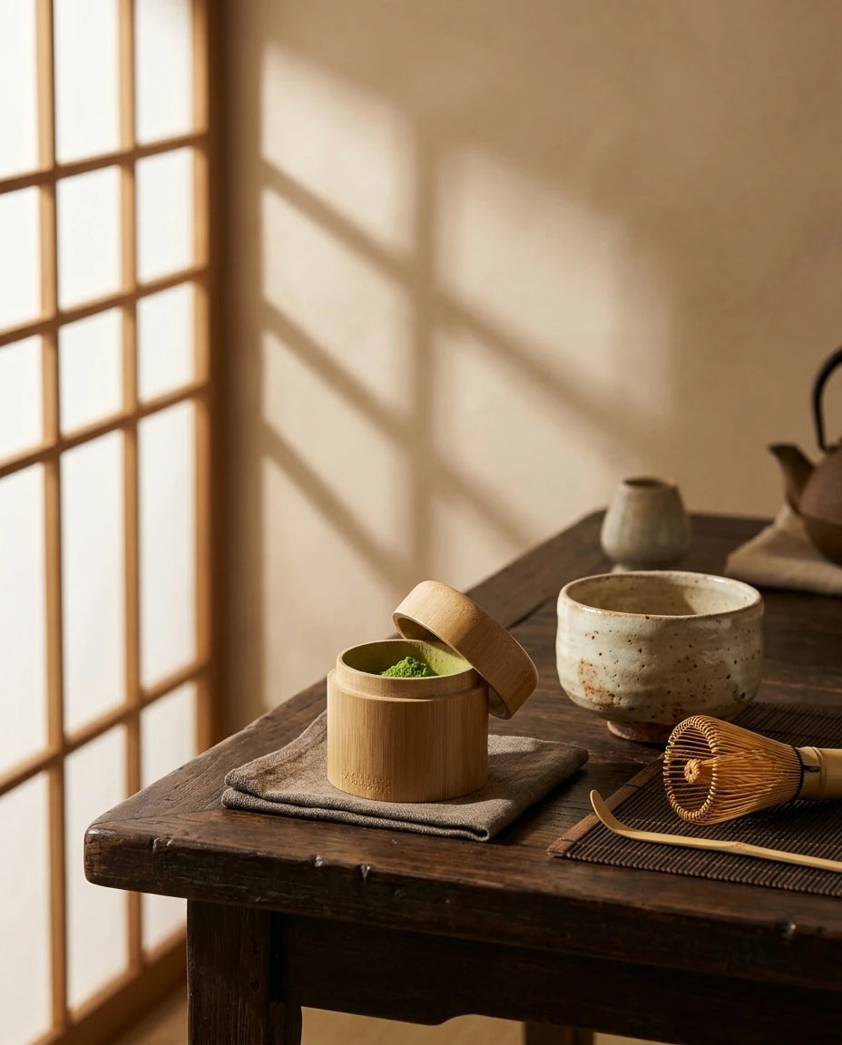 Bamboo Tea Caddy on a Japanese tea ceremony table with chawan, chasen and chashaku