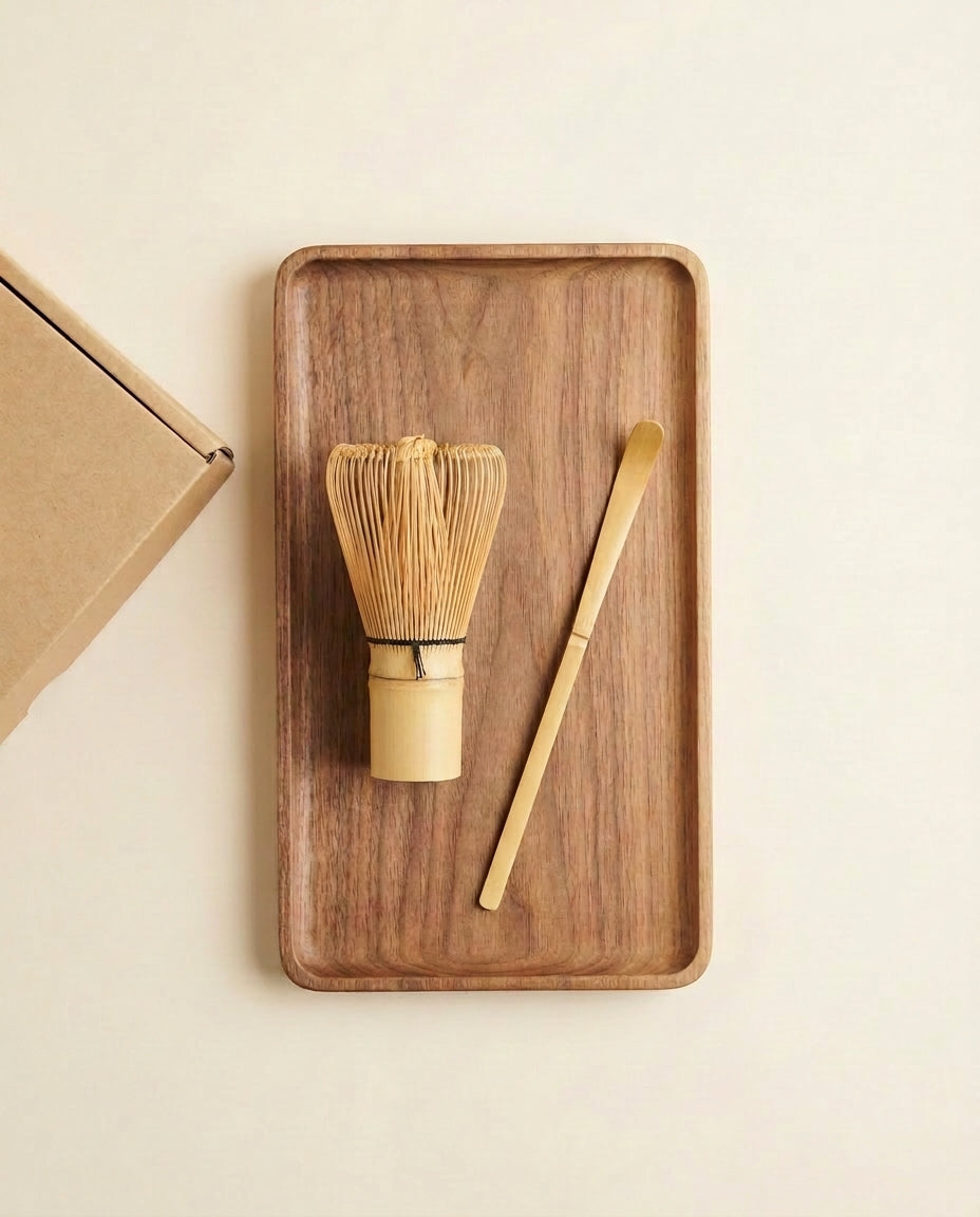 Kit lifestyle: walnut tray with chasen and gold scoop