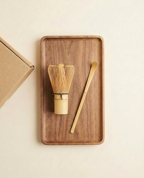Kit lifestyle: walnut tray with chasen and gold scoop