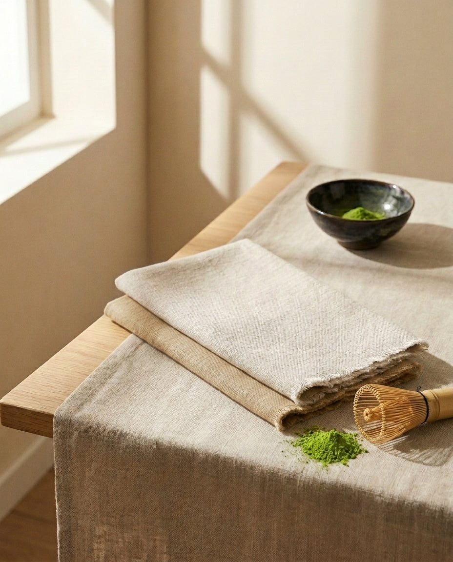 Linen tea towels in kitchen scene with matcha