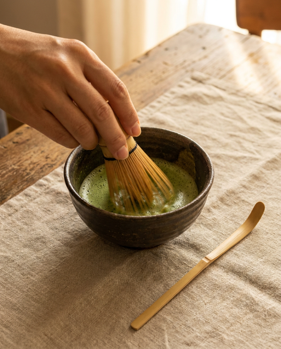 Essentials Set — whisking matcha by morning light