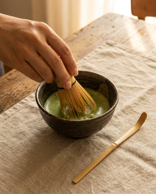 Essentials Set — whisking matcha by morning light