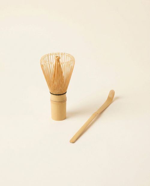 Essentials Set — bamboo whisk and chashaku scoop on cream background