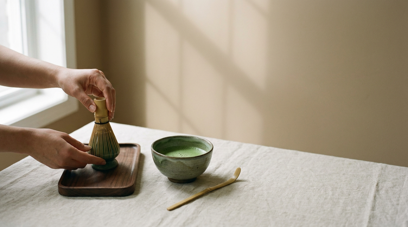 Dawn Whisk hero — bamboo whisk and matcha bowl on linen