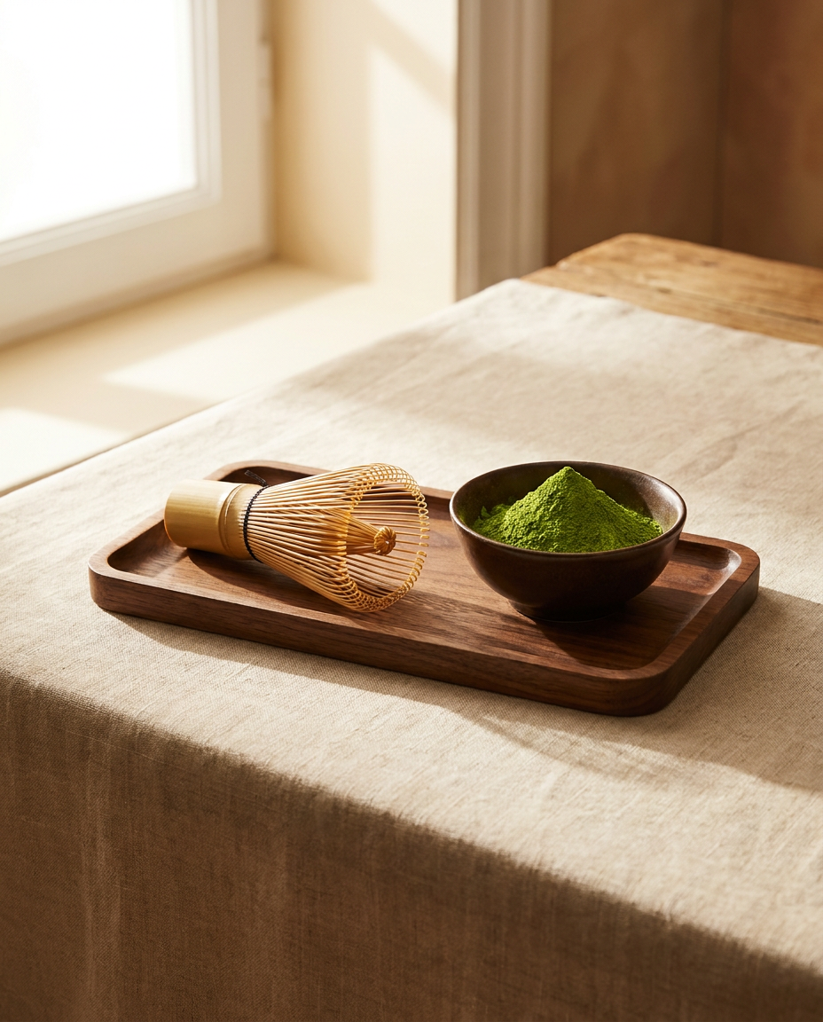 Pro 100-Tine Bamboo Whisk — styled on walnut tray with matcha